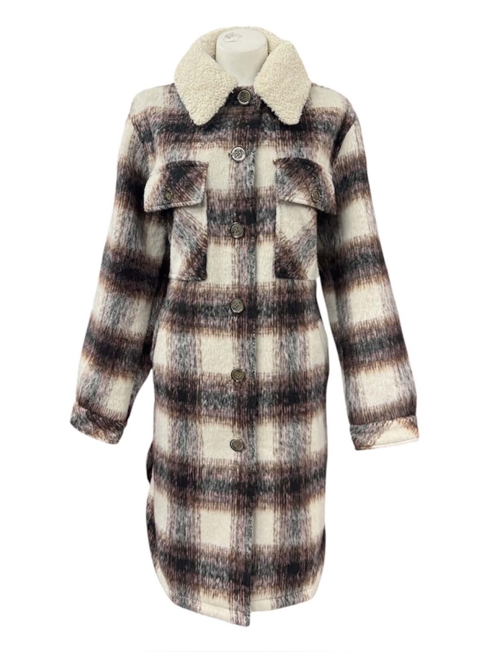 Vince Camuto Plaid Sherpa-Collar Trench Coat in Cream and Brown Size L